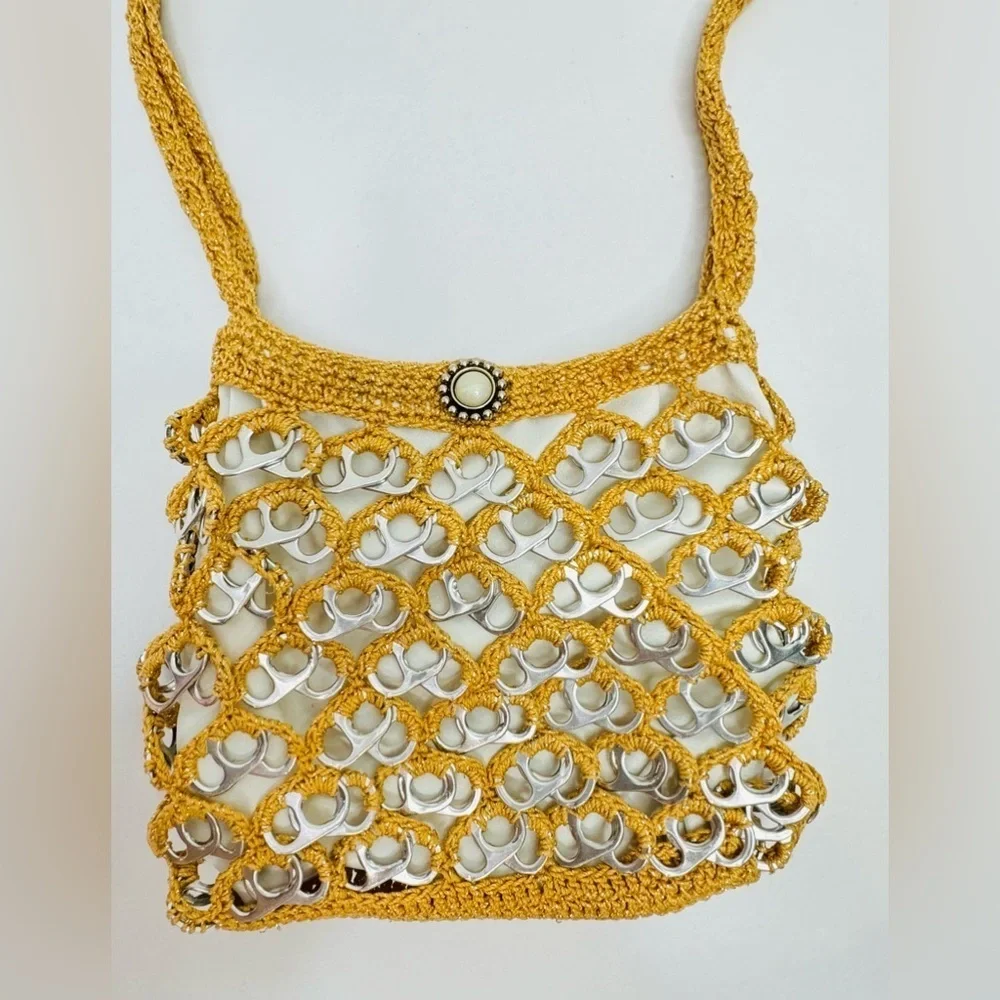 Handmade Crochet‎ Gold Brown Handbag Purse Art with Recycled Soda Pop Tabs